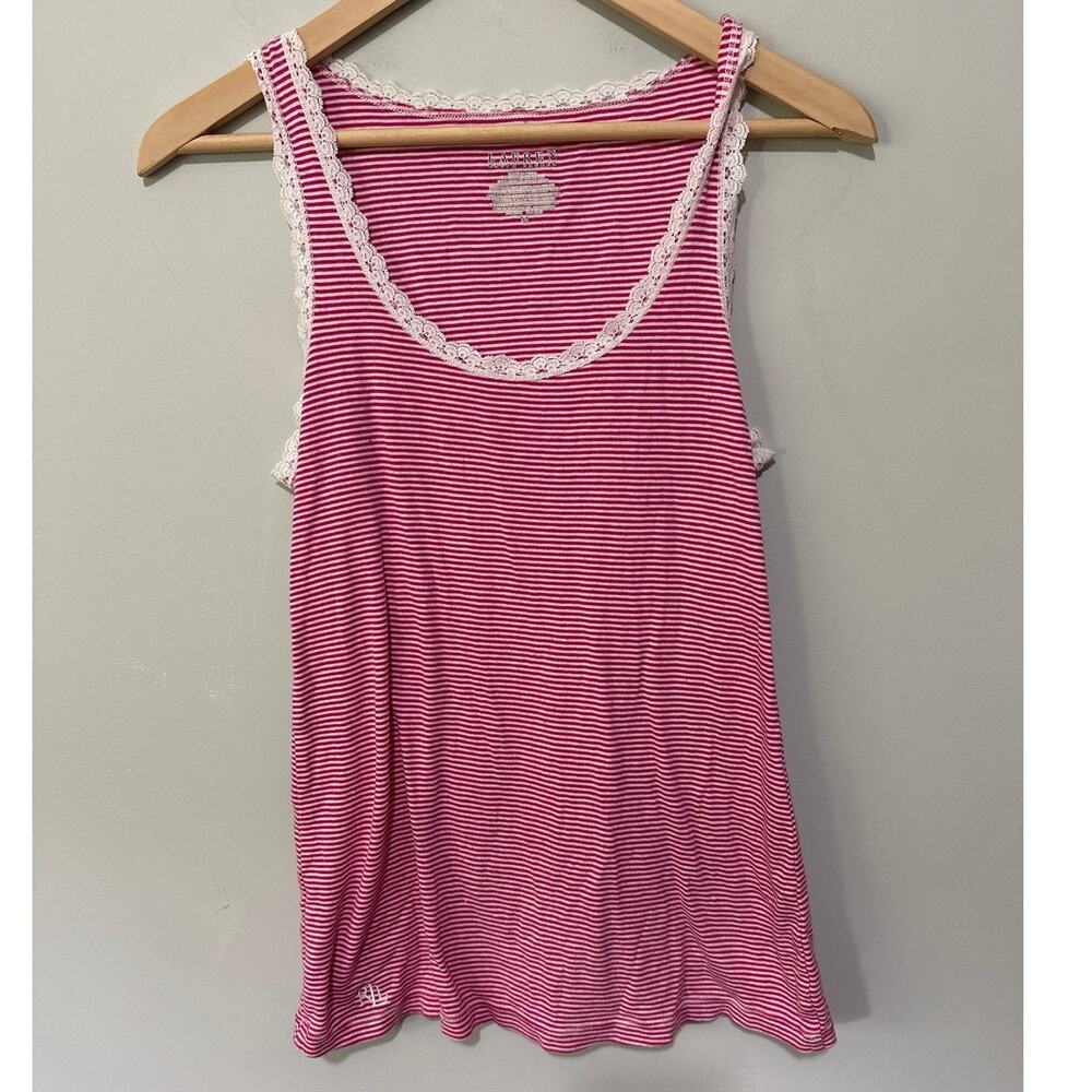 LRL Ralph Lauren Tank Top Womens Medium Pink Striped Lace Trim Y2K Euro Chic
